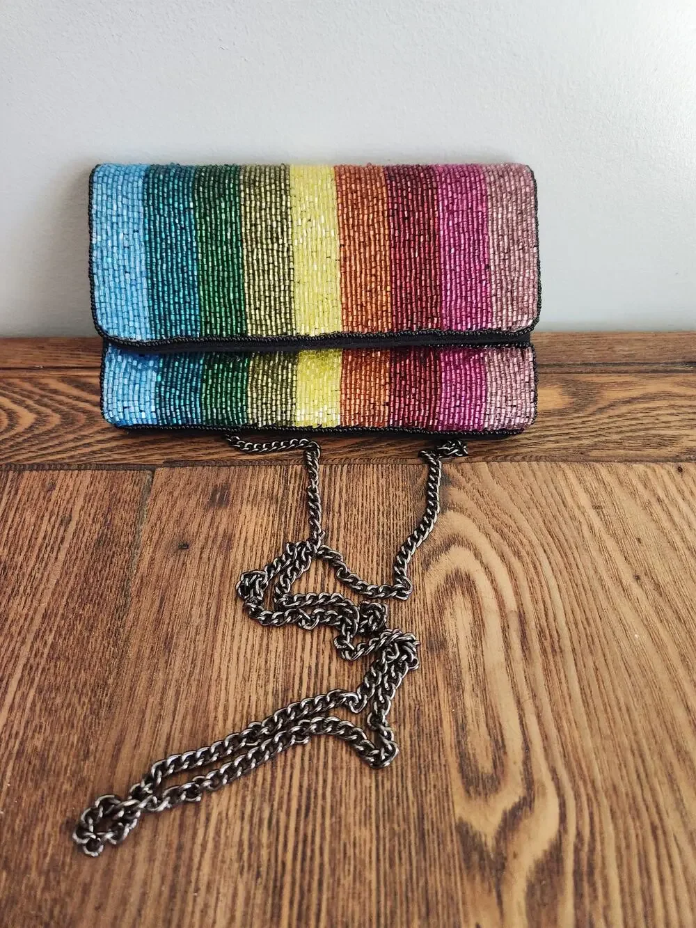 Rainbow Envelope Clutch Multi Striped  Beaded Handbag